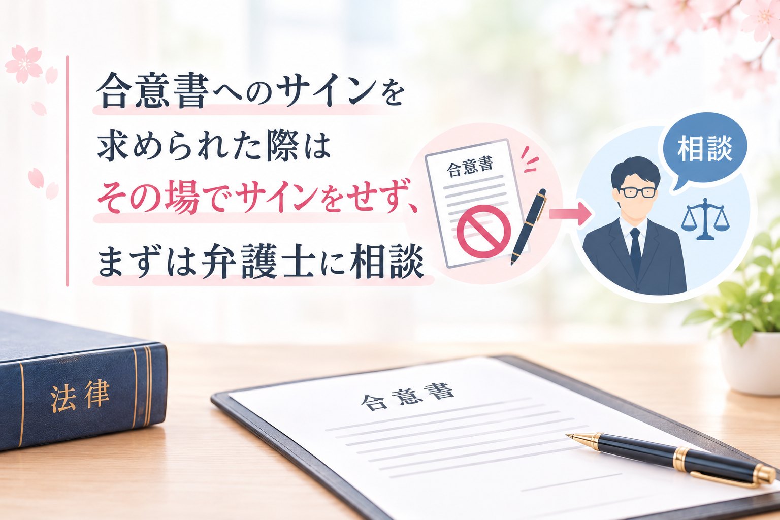 合意書へのサインを求められた際は、その場でサインをせず、まずは弁護士に相談することを示した図解