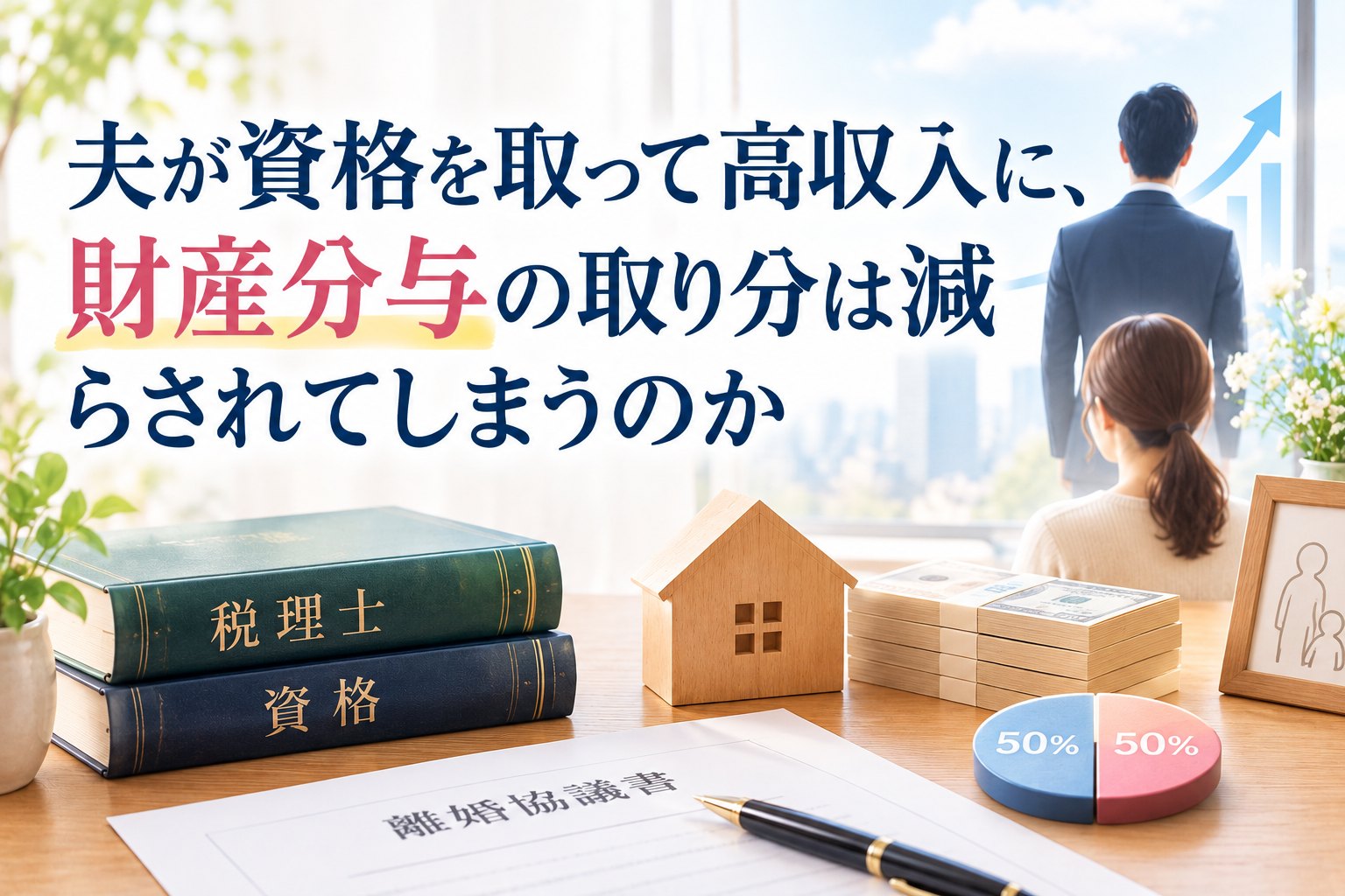 夫が資格を取って高収入に、財産分与の取り分は減らされてしまうのか――税理士資格の本と離婚協議書、50%ずつの円グラフのイメージ図