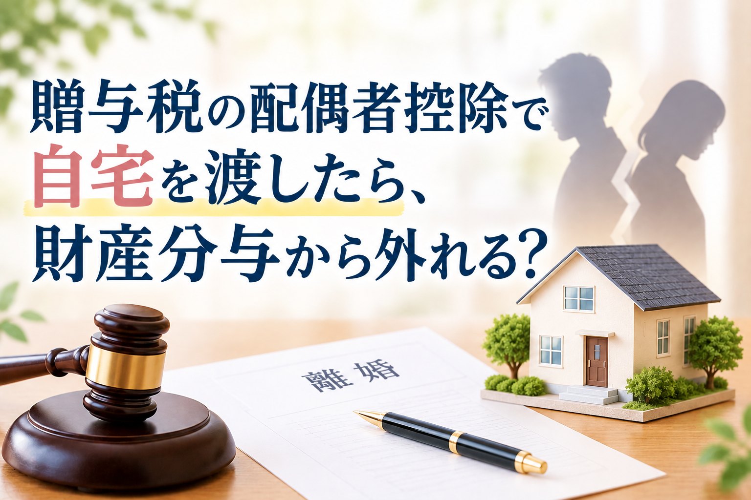 贈与税の配偶者控除で自宅を渡したら、財産分与から外れる？――離婚届と家の模型、木槌のイメージ図