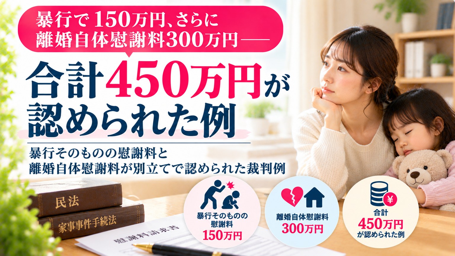 暴行で150万円、さらに離婚自体慰謝料300万円――合計450万円が認められた例
