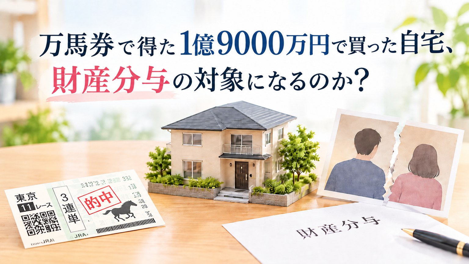 万馬券で得た1億9000万円で買った自宅、財産分与の対象になるのか――的中馬券と家の模型、破れた夫婦の写真のイメージ図