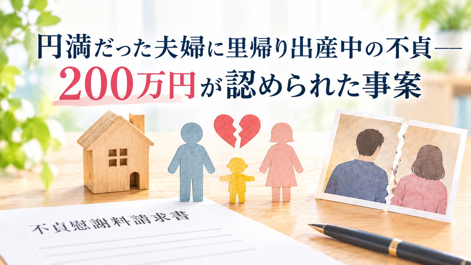 円満だった夫婦に里帰り出産中の不貞――200万円が認められた事案のイメージ図